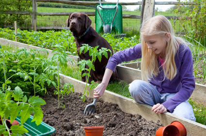 Girl Gardening With Dog